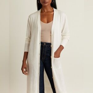 360 Sweater Long White Linen Cardigan L Button Front Lightweight Duster